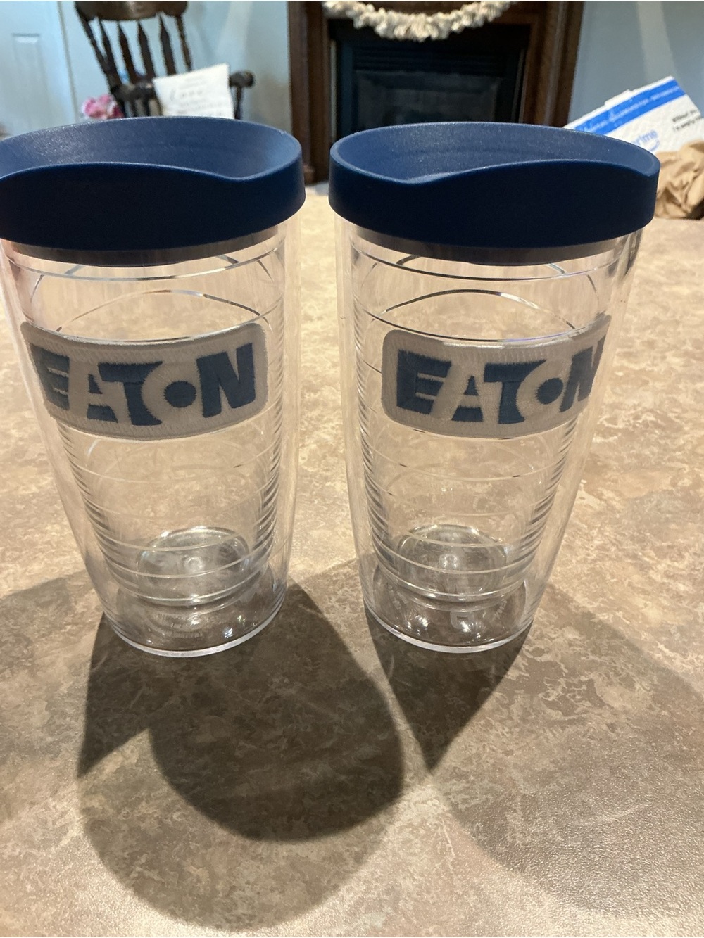 Eaton Logo Double-Wall Travel Tumblers with Navy Lids (Set of 2)